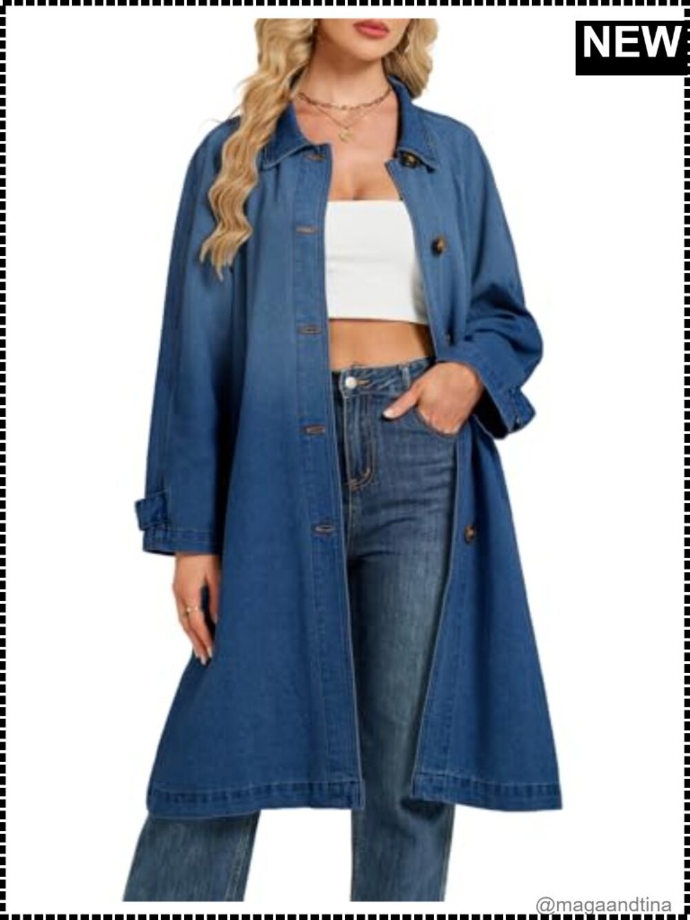 Denim Trench Coat Midi Long Jean Jacket Oversized Button Duster